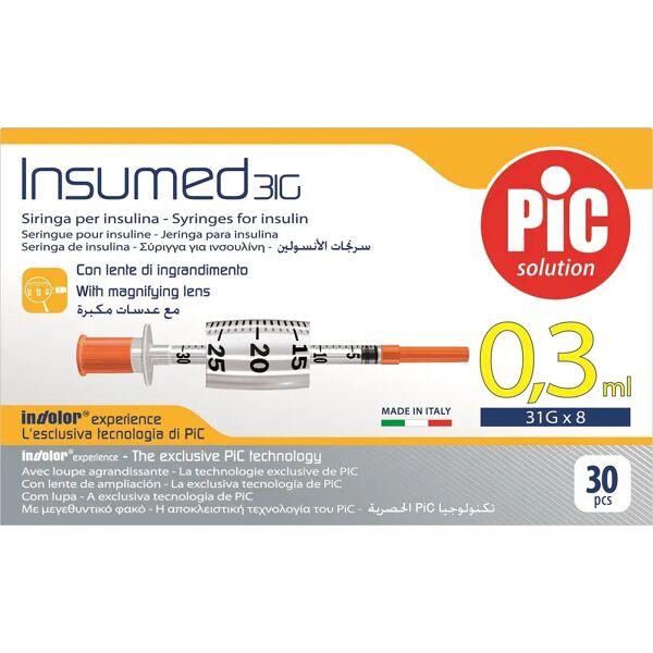 pic solution pic siringa per insulina 0,3 30g 8mm 30 pezzi