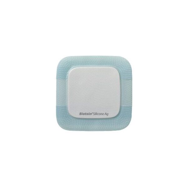 coloplast  spa medicazione biatain in schiuma di poliuretano a rilascio di argento con bordo adesivo in silicone 7,5x7,5 cm 5 pezzi