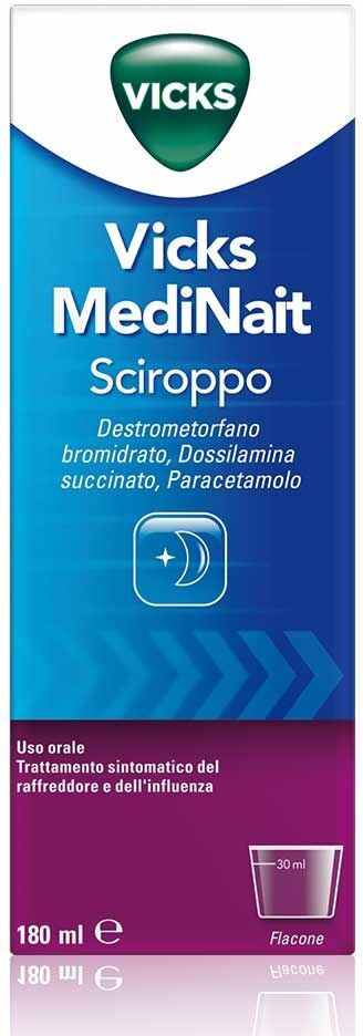 Procter & Gamble Vicks Medinait 0,5 Mg/Ml + 0,25 Mg/Ml + 20 Mg/Ml Sciroppo Flacone In Vetro Da 180 Ml Con Bicchiere Dosatore