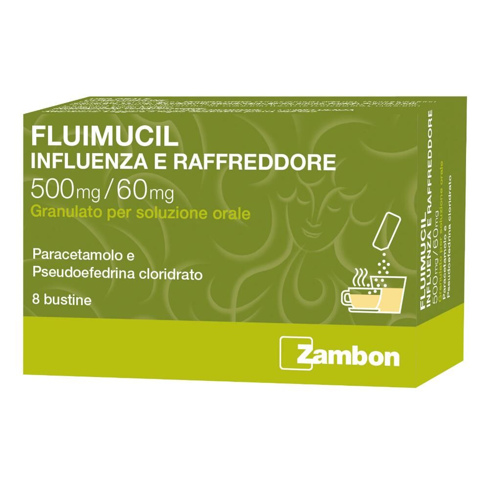 Zambon Fluimucil Influenza Raffr 500 Mg + 60 Mg Granulato Per Soluzione Orale 8 Bustine