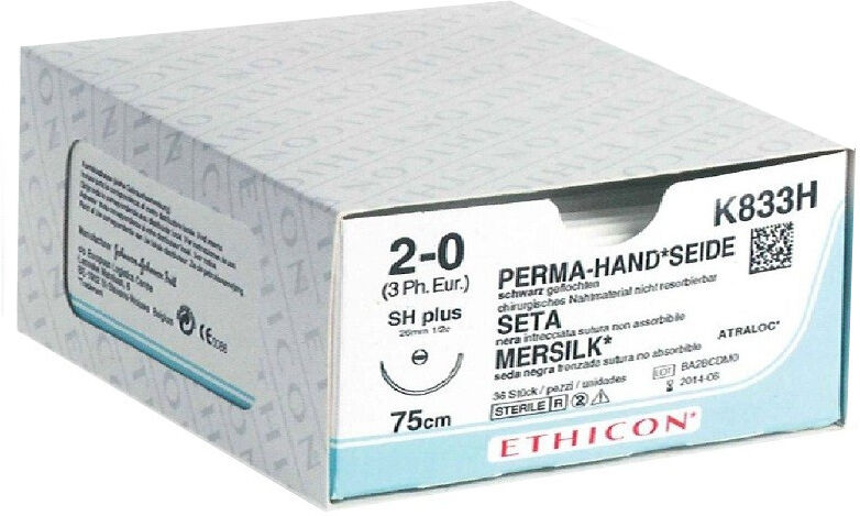 Ethicon Sutura  seta Perma Hand - Non assorbibile - 2/0, SH Plus - L filo 75 cm