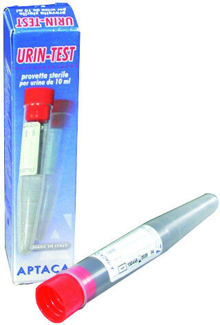 Aptaca Provetta per urina da 10 ml - in PS con tappo a pressione, etichetta e astuccio in cartone - cf 120 pz