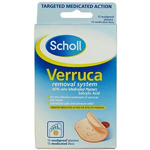 Scholl Verruca Removal System - 15 Washproof Plasters & Medicated Discs, with Salicylic Acid, Targeted Action for Effective Verucca Removal