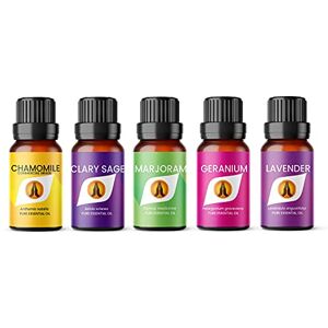 Aroma Energy Relax & Sleep Essential Oil Set Camomile, Lavender, Marjoram, Clary Sage, Geranium 5 x 10ml for Diffusers for Home, Aromatherapy, Gift for Him/Her, Candle Making, Soaps, Wax Melts etc