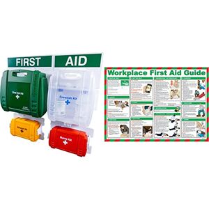 Safety First Aid Group Safety First Aid Evolution Complete First Aid Point BS 8599 Compliant, Large Fully Stocked & First Aid at Work Guide Poster - Laminated (59 x 42 cm)