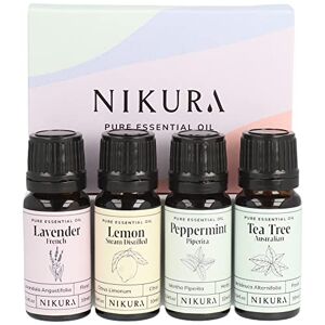 Nikura Best Sellers Essential Oil Gift Set - 4 x 10ml for Aromatherapy, Diffusers for Home, Candle & Soap Making Scents, Oil Burners, Wax Melts Lavender, Lemon, Peppermint & Tea Tree Vegan & UK
