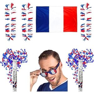 Sparklers Club Kit Supporter France Allez les Bleus 7 accessoires : Lunettes, 3 Colliers Hawaïen Tricolores, 2 Canons a Confettis, 1 Drapeau France 150x90cm