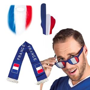 PARTY PRO Kit Supporter France Allez les Bleus 4 accessoires : Main Geante en Mousse 49cm, Barbe Tricolore, Echarpe France 135cm, Lunettes Bleues Grille France