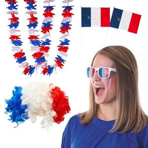Sparklers Club Kit Supporter France Allez les Bleus 6 accessoires : 2 Drapeaux France 30x45cm, Perruque Afro, 2 Colliers Hawaïens France, Lunettes Grille France