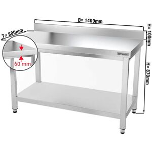 GGM Gastro - Table de travail en inox PREMIUM - 1400x800mm - avec fond de base & rebord Argent