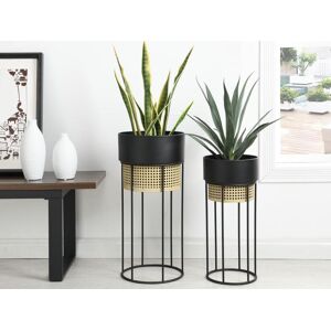 OZAIA Lot de 2 cache-pots sur pied effet cannage- Fer - D.30.5 x H.66 cm et D.24.5 x H.55 cm - Noir et doré - COVEL