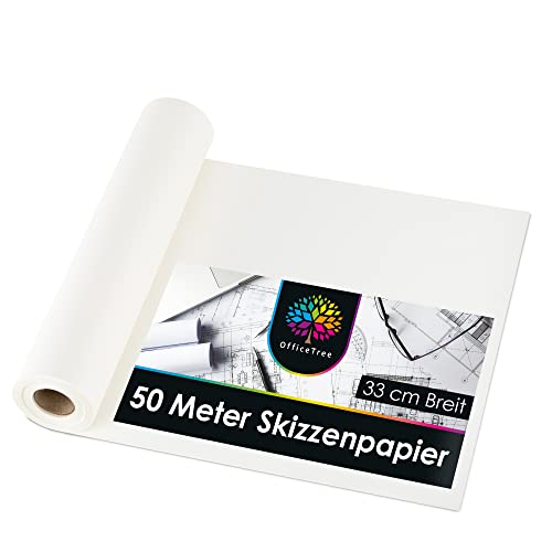 OfficeTree Rol transparant papier, 50 m, wit, schetsrol, 33 cm breed, 40 g, rol rol rol perkamentpapier, perkamentpapier voor naaipatronen, rol architectenpapier, patroonpapier