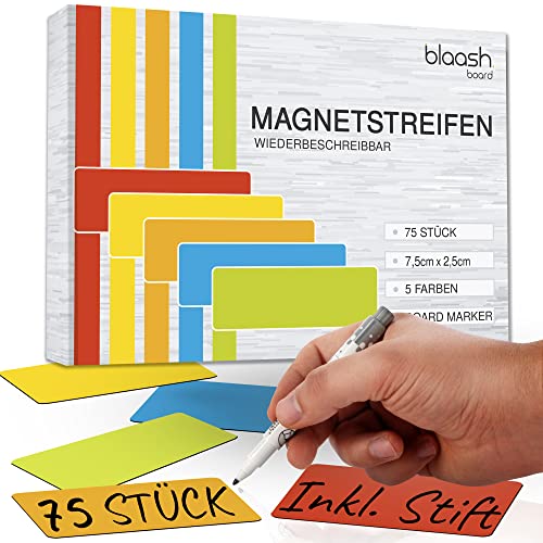 blaash 75 magneetstrips 75 x 25mm beschrijfbaar   magneten voor whiteboards, koelkasten, magneetborden & metalen oppervlakken   incl. pen & gum   kleurrijke magneetborden om te beschrijven