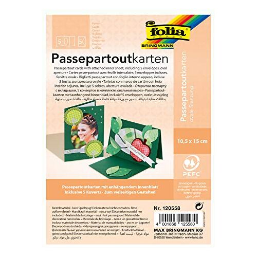 folia 120558 passepartouts met ovale stans, ca. 10,5 x 15 cm, 5 kaarten (220 g/m²) en enveloppen, dennengroen ideaal voor uitnodigingen, felicitatie- of wenskaarten