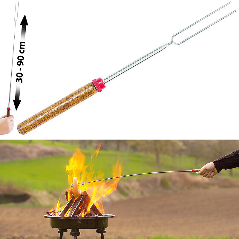 infactory Teleskop-Grillspieß & -Gabel mit Holzgriff, ausziehbar von 30 - 90 cm