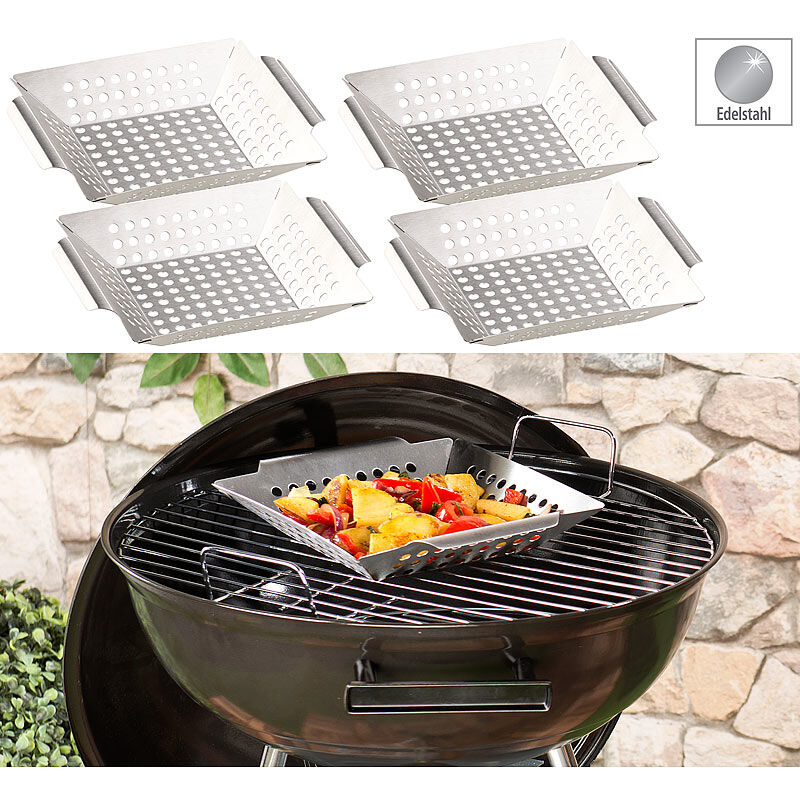 Rosenstein & Söhne 4er-Set Edelstahl-Grill-Schalen für Gemüse und kleines Grillgut, 1 mm