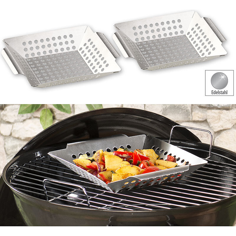 Rosenstein & Söhne 2er-Set Edelstahl-Grill-Schalen für Gemüse und kleines Grillgut, 1 mm