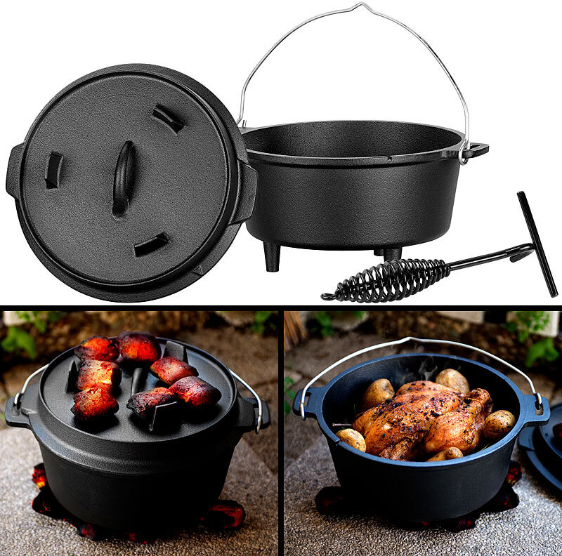 Rosenstein & Söhne Dutch Oven aus Gusseisen mit Standfüßen, 2in1-Deckel & -Pfanne, 3 l