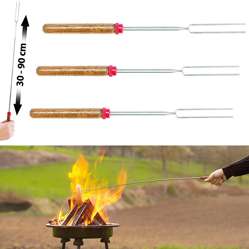 infactory 2in1-Teleskop-Grillgabel & Grill-Spieß,  30 auf 90cm, 3er-Set