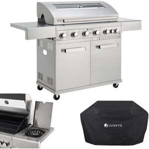 Juskys - bbq Gasgrill Minnesota - 6 Brenner und 1 Seitenbrenner - xxl Edelstahl Gas Grill mit Gusseisen Grillrost, Kochfeld, Unterschrank für