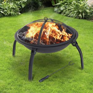 OUTSUNNY Brasero boule de feu cheminée foyer extérieur 71L x 71l x 40H cm pieds rétractables grille à charbon couvercle tisonnier métal noir - Publicité