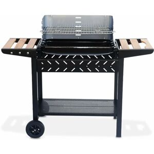 Sweeek - Barbecue au charbon - Alfred - Noir et gris. hauteur de grille ajustable. cuve émaillée. tablettes en bois. étagère et crochets - Noir - Publicité