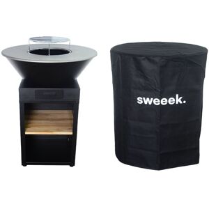 Sweeek - Braséro barbecue Ø81.5cm avec grille de cuisson. espace de stockage pour le bois + Housse en polyester - Noir - Publicité