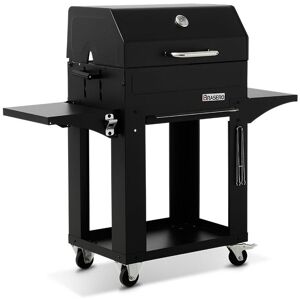 Brasero - Barbecue charbon de bois Almeria - Grill de 29 x 37cm et Plancha en fonte 30 x 37cm - Cuve charbon ajustable en hauteur - Sur chariot - Publicité