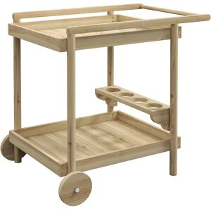 Outsunny - Desserte de jardin chariot pour plancha barbecue en bois avec poignée 2 plateaux et porte-bouteilles - Beige - Publicité