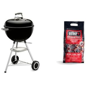 Weber Barbecue à Charbon Classic Kettle 47 cm Barbecue à Couvercle, Thermomètre & Briquettes de Charbon Sac 4 kg Charbon de Bois pour Barbecues  Combustible BBQ Qualité Premium - Publicité