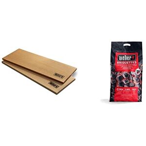 Weber Planches à Fumer en Bois de Cèdre Rouge 2 x Planches en Bois Dur pour Poissons, Volailles et Viandes Fumées & Briquettes de Charbon Sac 8 kg Charbon de Bois pour Barbecues - Publicité