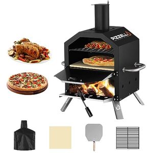 PIZZELLO Four à pizza d'extérieur à 2 couches avec pierre, pelle à pizza, couvercle, grille de cuisson amovible pour camping, jardin, barbecue (noir) - Publicité