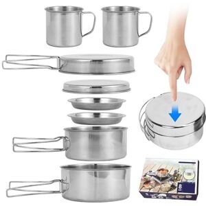 SMELEYOU Lot de 8 Ustensiles de Cuisine de Camping en Acier Inoxydable avec Casseroles Et PoêLes Portables avec Assiettes Et Tasses pour 5 à 6 Adultes en Plein Air RandonnéE Pique-Nique Camping Barbecue - Publicité