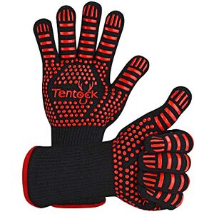 Tentock Résistant à la Chaleur Gants de Grill Jusqu'à 1472℉, Extérieur Gants de Barbecue de Silicone Anti-Chaleur pour Soudage Cuisson Pique-Nique 1 Paire(Rouge) - Publicité