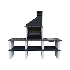 ARTICIMENTOS BARBECUE PARTNER - Barbecue avec 4 bancs, en brique et béton gris, béton peint blanc et noir - 219x57x209cm