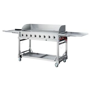 Metro Professional Barbecue à gaz, acier inoxydable, 107.5 x 260 x 65.5 cm, puissance de  116 000 BTU, 8 brûleurs, roulant, argent - Publicité