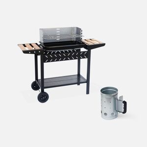 sweeek Barbecue au charbon. Noir et gris. hauteur de grille ajustable. cuve emaillee. tablettes en bois + Cheminee d?allumage - Noir