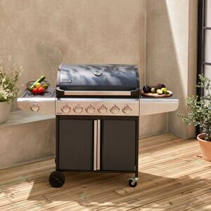 sweeek Barbecue au gaz - Bazin 6 Gris anthracite - Cuisine exterieure 7 bruleurs dont 1 feu lateral avec tablettes et thermometre. rangement. roues - Noir