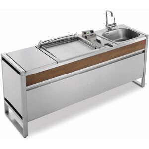 Pla.Net Table de cuisson en inox avec plancha à gaz + friteuse + évier + mitigeur Oasi 205C - Publicité