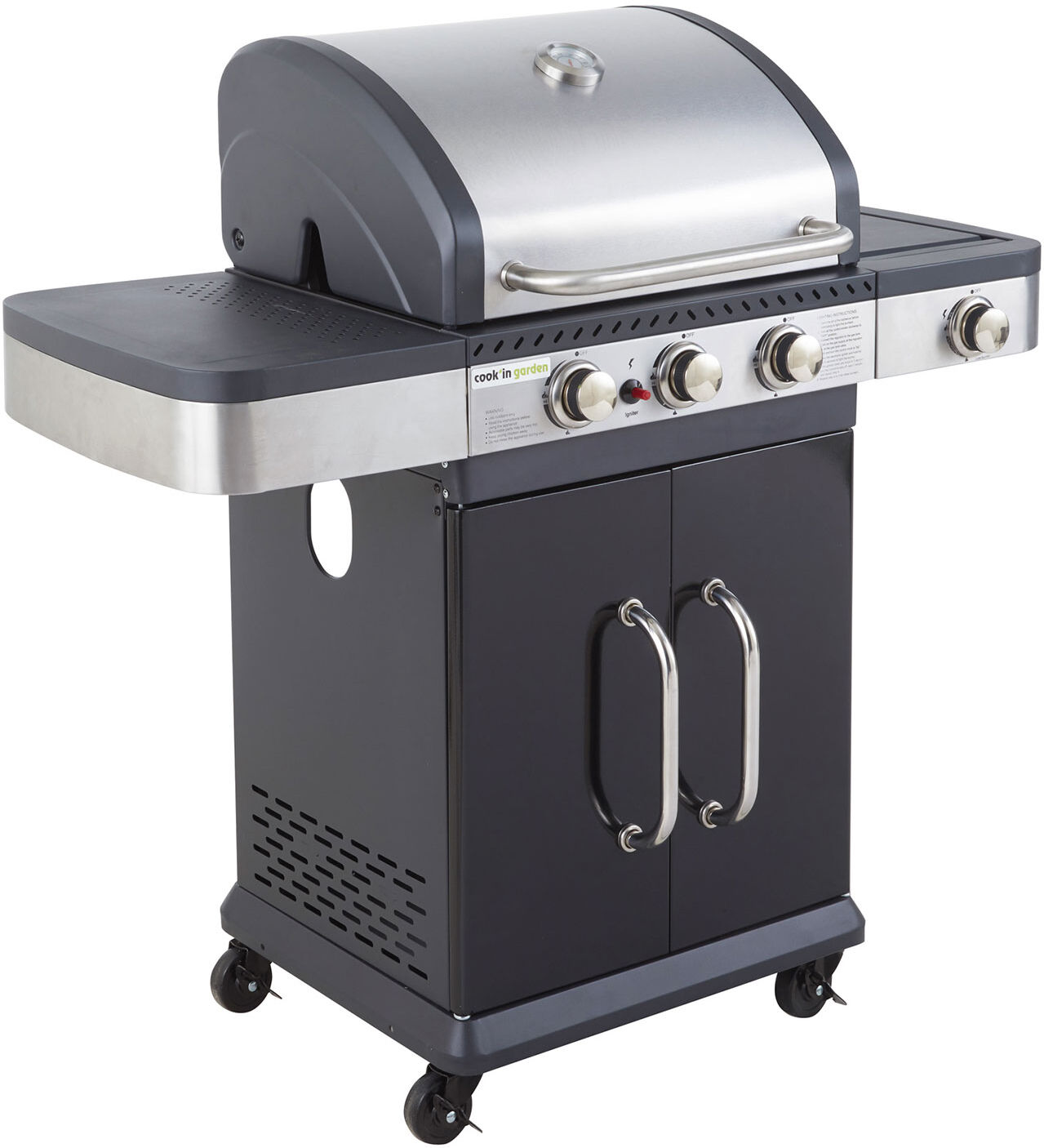 Cook'in Garden - Barbecue au gaz FIDGI 3 avec thermomètre - 3 brûleurs + réchaud 11,5kW