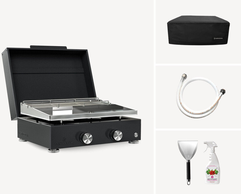 Plancha gaz inox 2 feux Simplicity + Couvercle + Accessoires