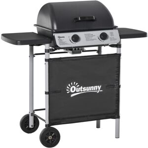 Outsunny Barbecue a Gas con Coperchio e 2 Bruciatori Totali da 5.6kW, BBQ in Acciaio con Ruote e Mensole, 104x49x99cm Nero