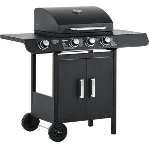 Outsunny Barbecue a Gas con Coperchio, 4 Bruciatori da 11.6kW, Fornello, Mensola e 2 Ruote, 110x50x100cm Nero