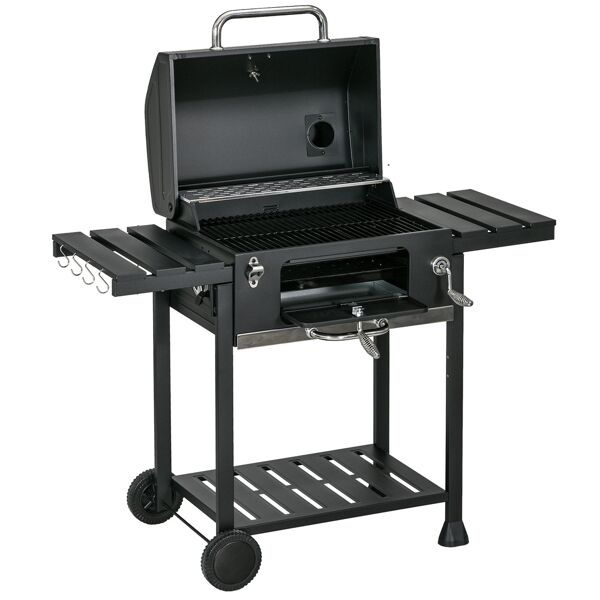outsunny barbecue a carbone con coperchio con termometro, griglia regolabile, ruote e tavolini, nero