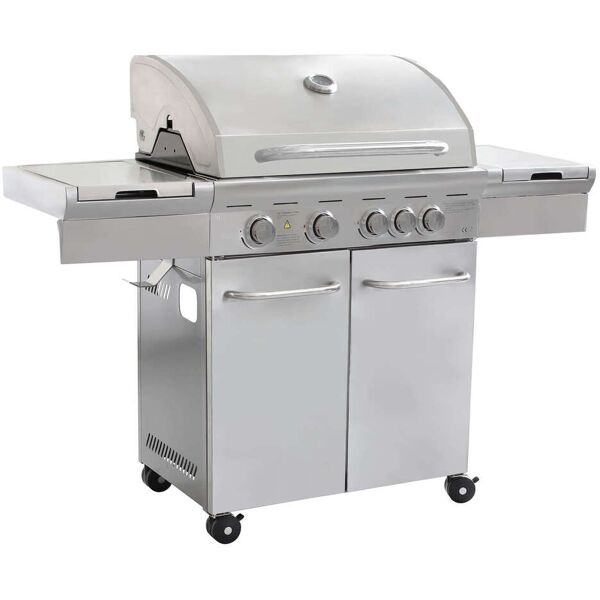 milani home barbecue a gas in acciaio inox 4 fuochi + 1 laterale, con piastra e griglia in grigio 145 x 114.5 x 52 cm