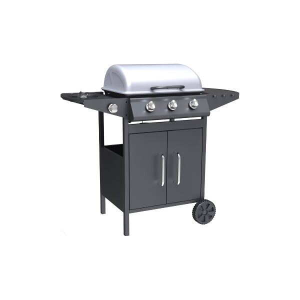 pyramidea bbq3pl1 barbecue a gas da giardino bbq da esterno con 3 bruciatori + 1 bruciatore laterale griglia in acciaio inox coperchio e ruote - bbq3pl1