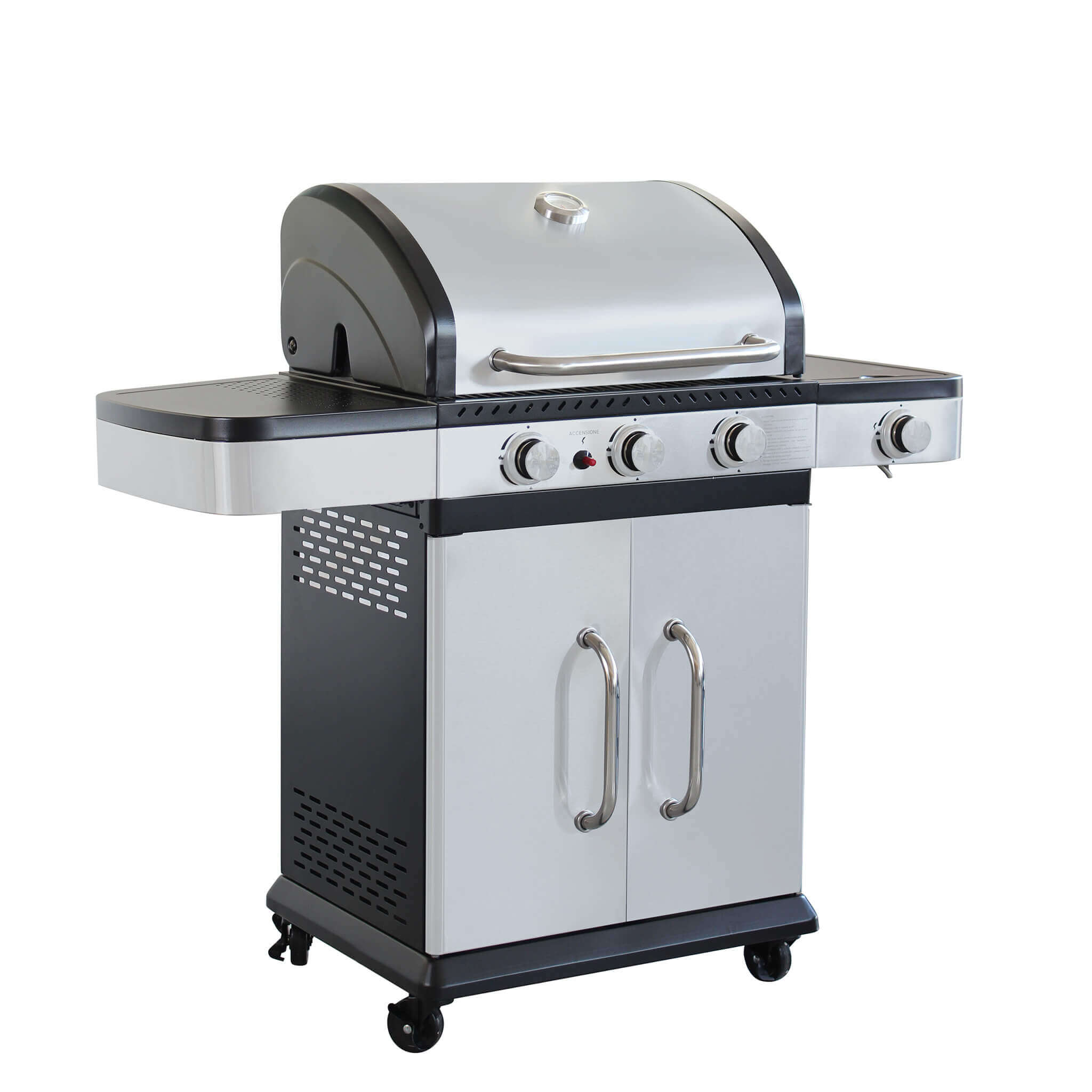 Milani Home Barbecue A Gas In Acciaio Inox 3 Fuochi + 1 Laterale Per Esterno Giardino, Port Grigio 122 x 112 x 57 cm