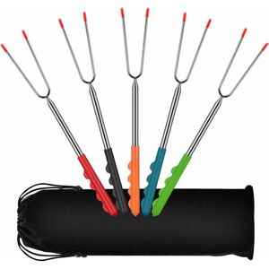 Langray - Set of 5 Extendable Stainless Steel 32cm 115cm, bbq Skewer bbq Campfire Skewers bbq Cutlery bbq Skewers with Rubber Handle and Carry Bag