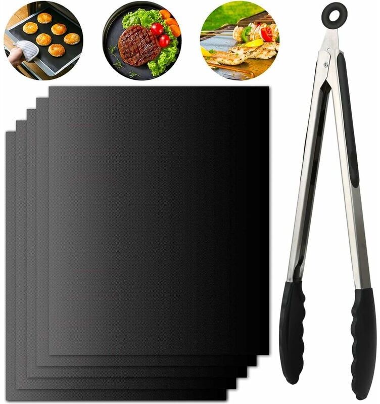 LANGRAY Cooking Mat, Set of 5 Barbecue Mats 40x33cm Non-stick and Reusable Barbecue Mat for Gas Barbecue Electric Charcoal (+ 1 Barbecue Tongs) - Noir