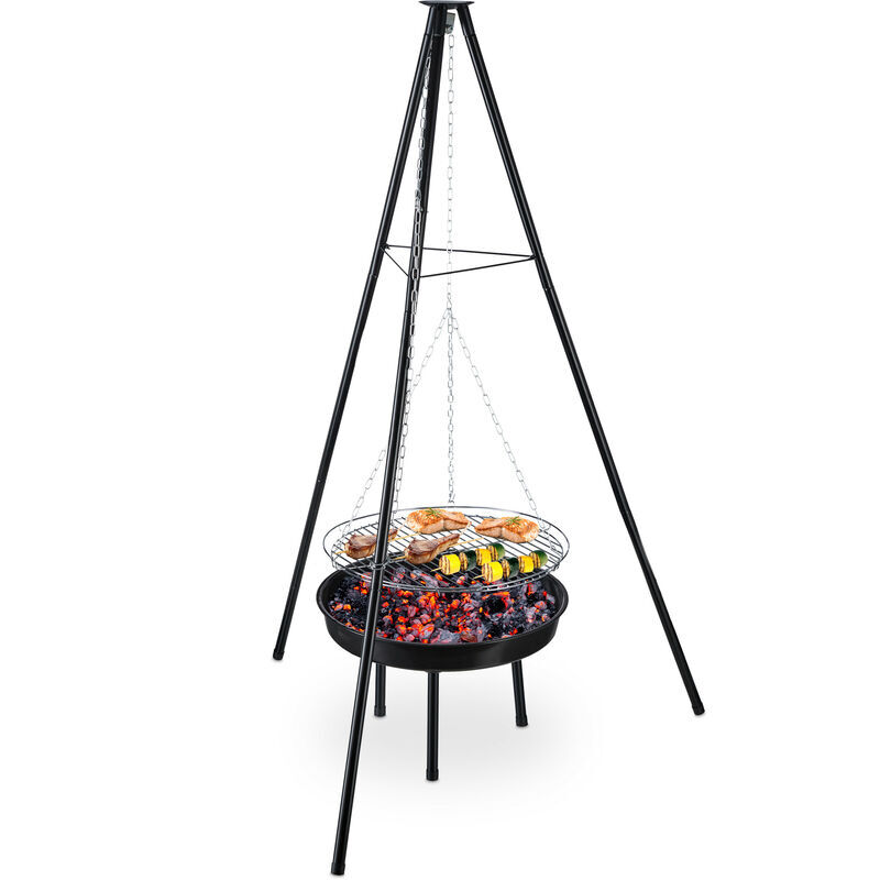 Tripod Barbecue, Hanging Grill with Fire Bowl, Steel, 49 cm, Height Adjustable, bbq, HxD: 148 x 105 cm, Black - Relaxdays